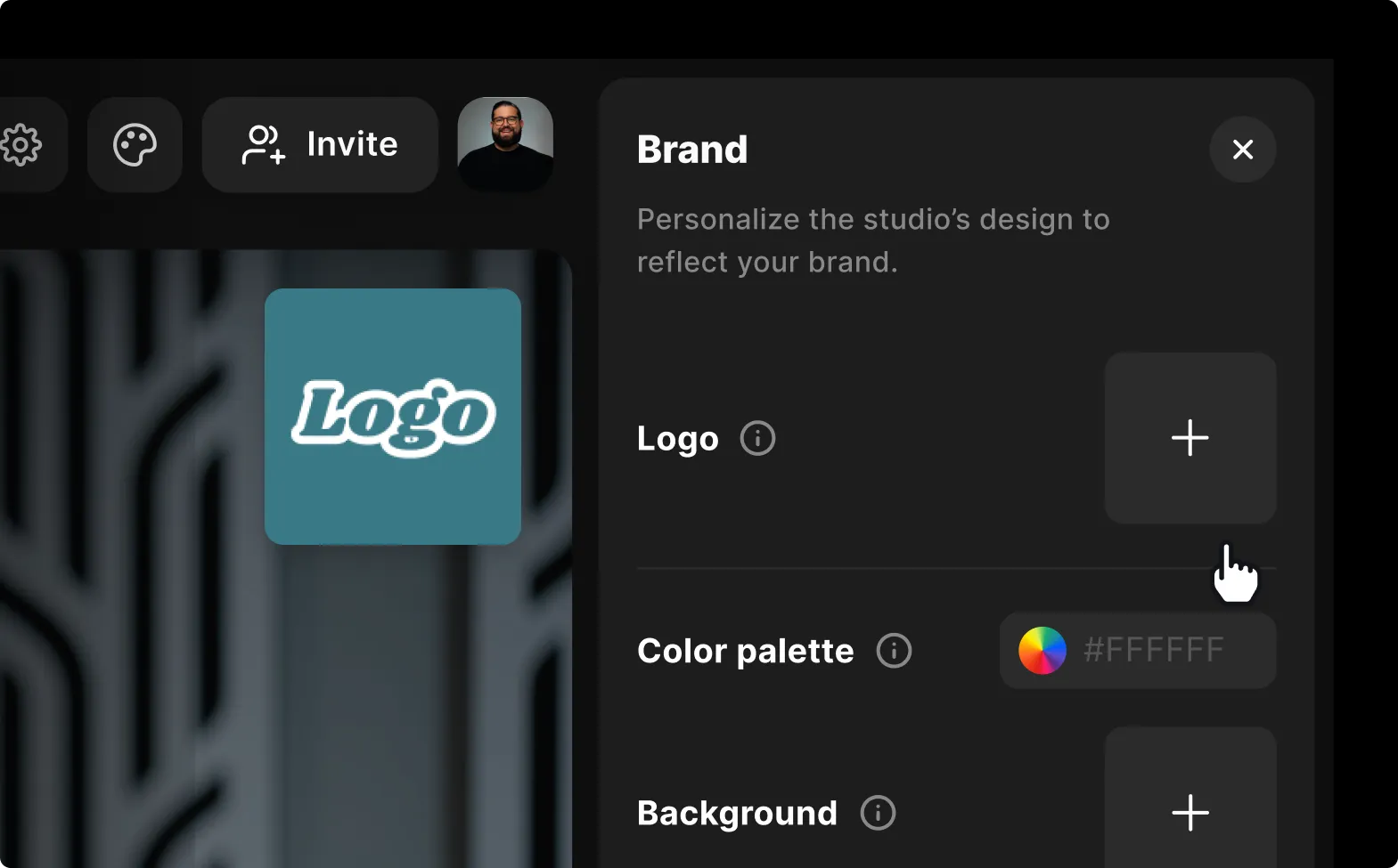 User interface for customizing a brand with options to add a logo, color palette, and background.